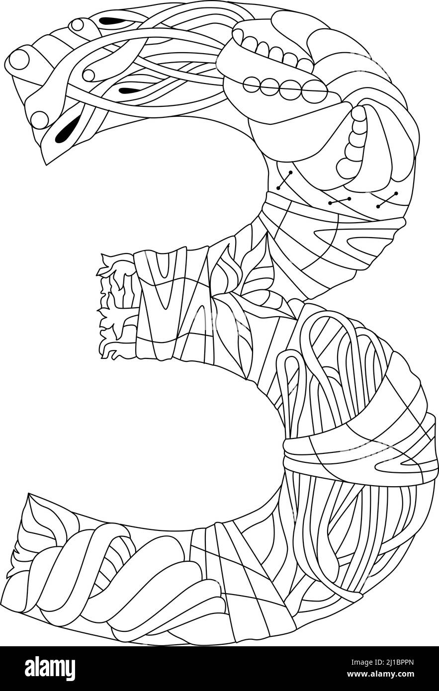 Three number Isolated zentangle illustration for coloring Stock Vector