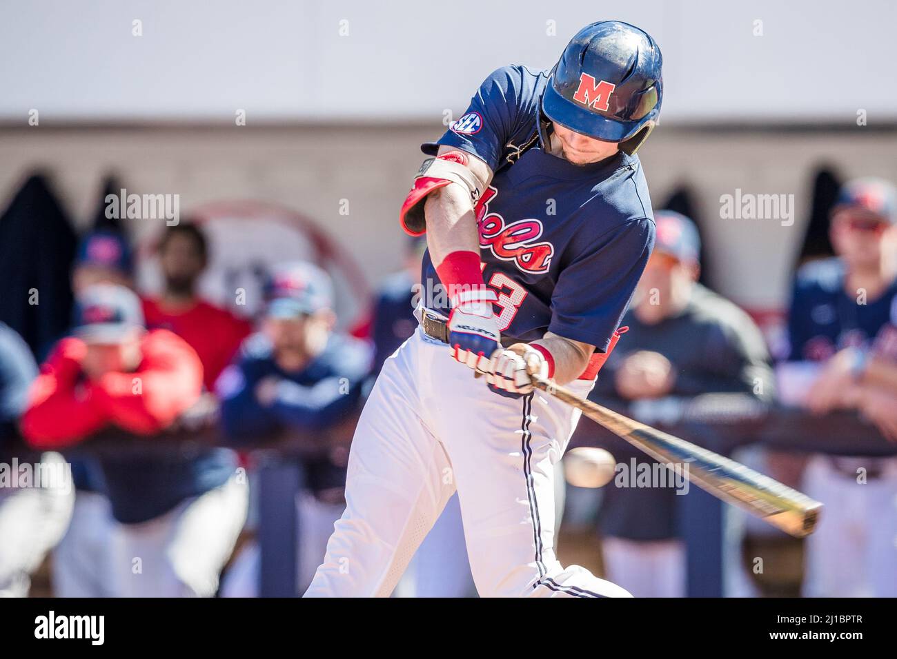 March 13 2022 Ole Miss Catcher Hayden Dunhurst 13 Takes A Swing During Game 1 Of The Ncaa 