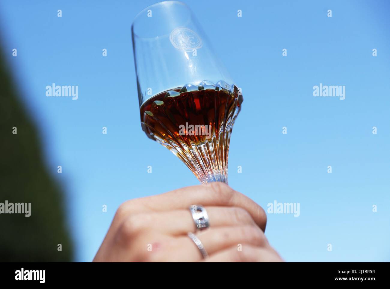 Cognac, France. 23rd Mar, 2022. A glass of Remy Martin LOUIS XIII cognac is  pictured in Cognac, southwestern France, March 23, 2022. Cognac/eau-de-vie  de cognac/eau-de-vie des charentes is listed in the China-EU