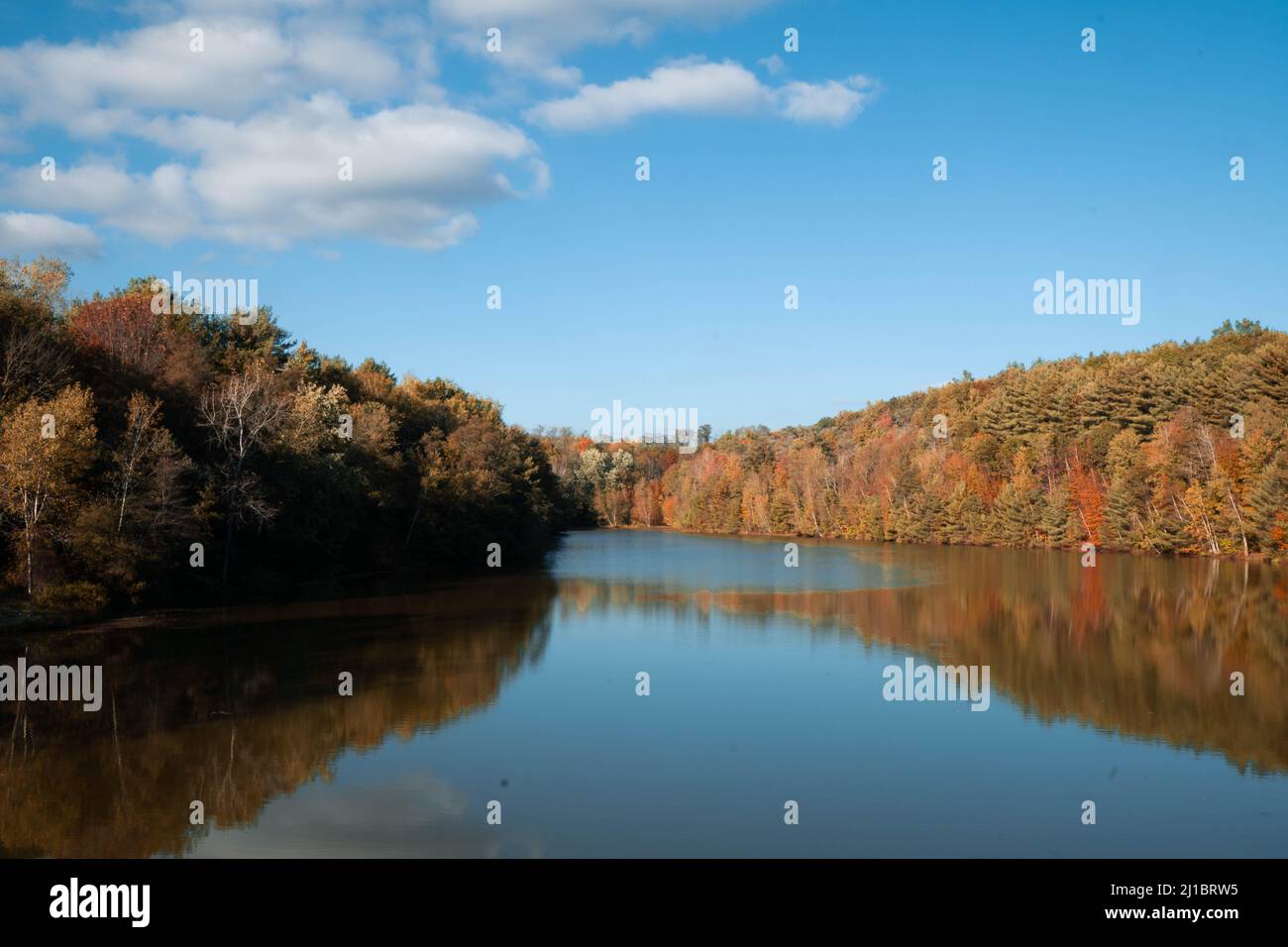 A beautiful shot of some autumn trees reflecting in the lake Stock ...