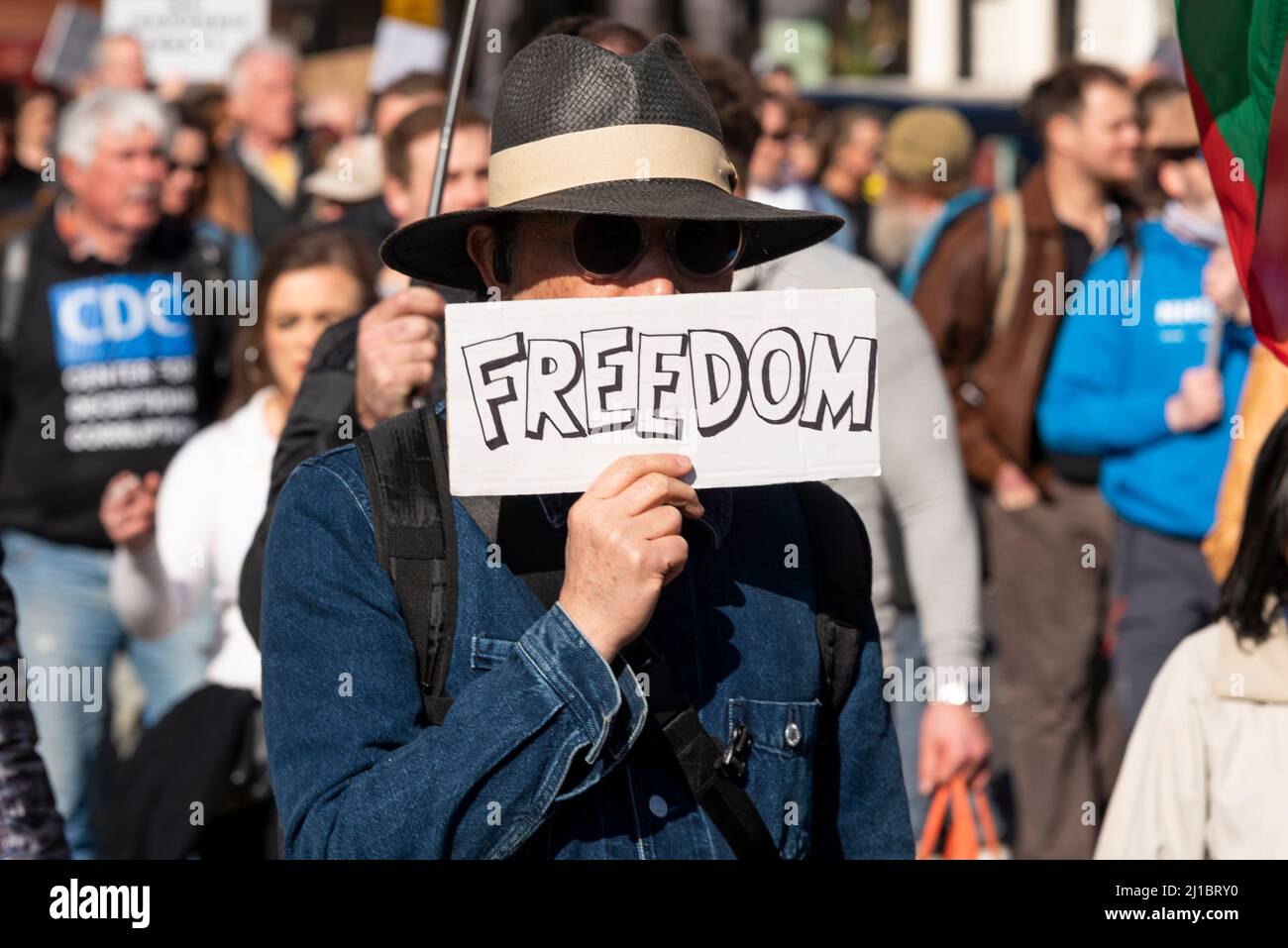 Freedom. Protester with freedom on a placard, protesting the online safety bill, referring to freedom of speech Stock Photo