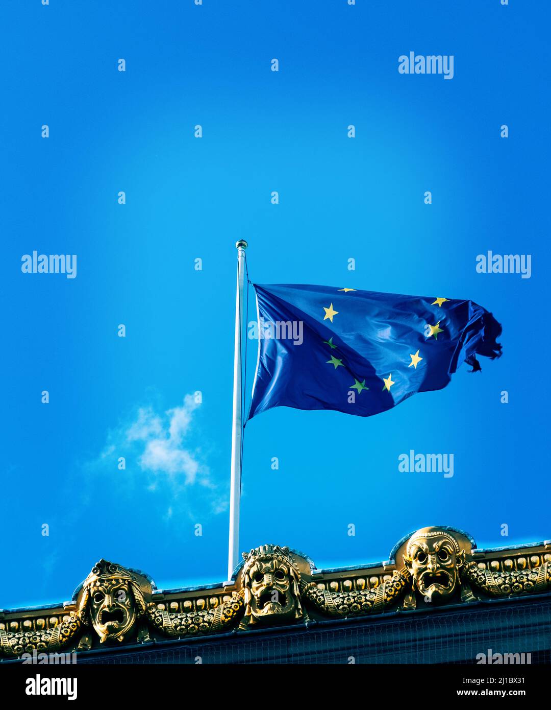 The European Union EU flag flying over the Academie Nationale de Musique in central Paris, France. Stock Photo