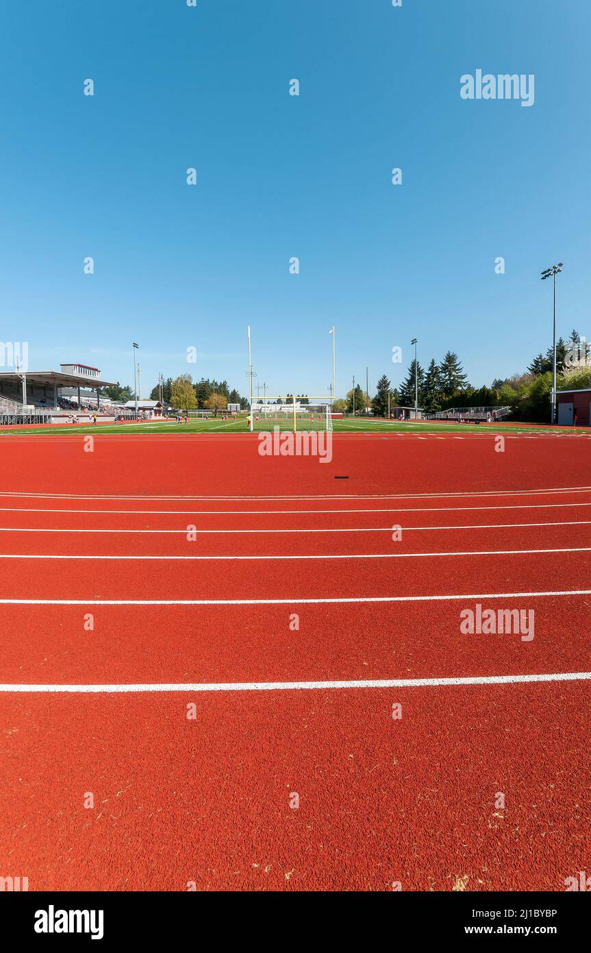 Football goalpost and soccer goal enclosure at David Douglas High School track and football