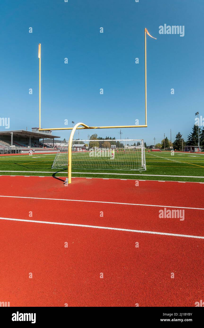 Football goalpost and soccer goal enclosure at David Douglas High School track and football