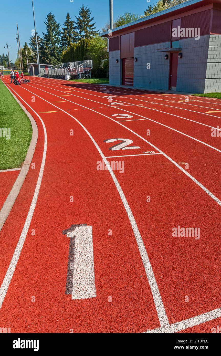 Staggered lane numbers on the track at David Douglas High School track