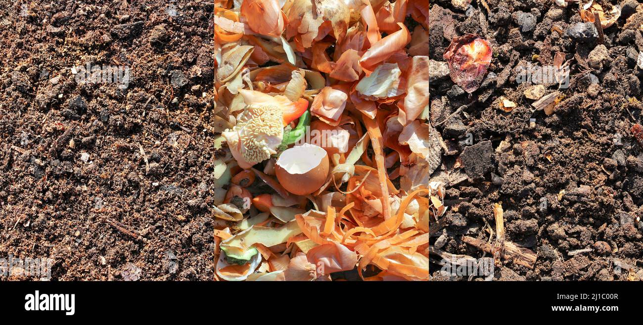 Three stages of compost production Stock Photo