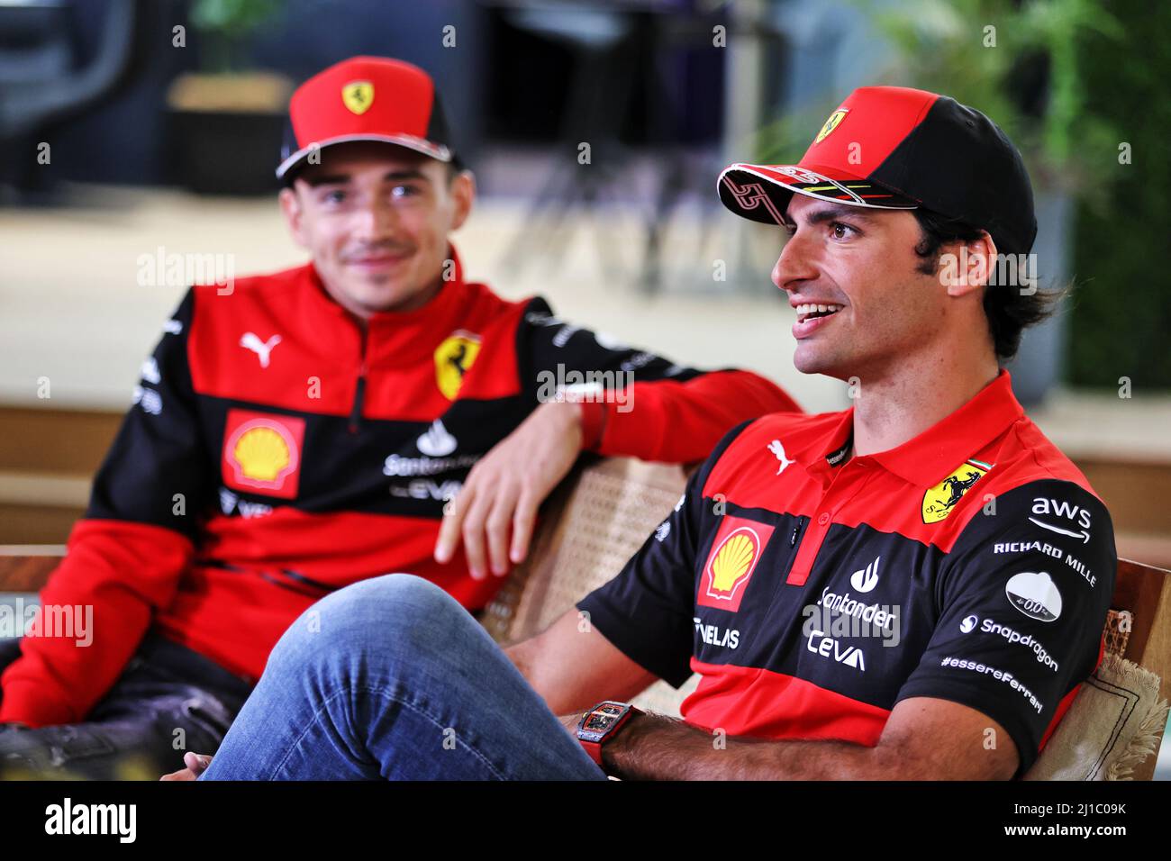 Carlos Sainz Jr (ESP) Ferrari with team mate Charles Leclerc (MON(02)
