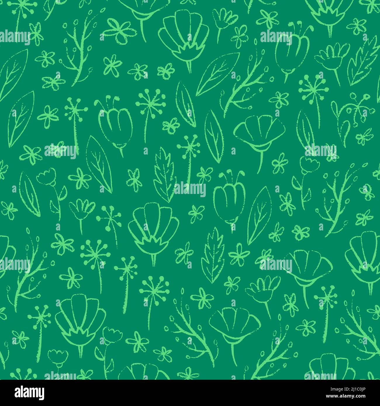Floral seamless pattern. Hand drawn flowers and leaves on green ...