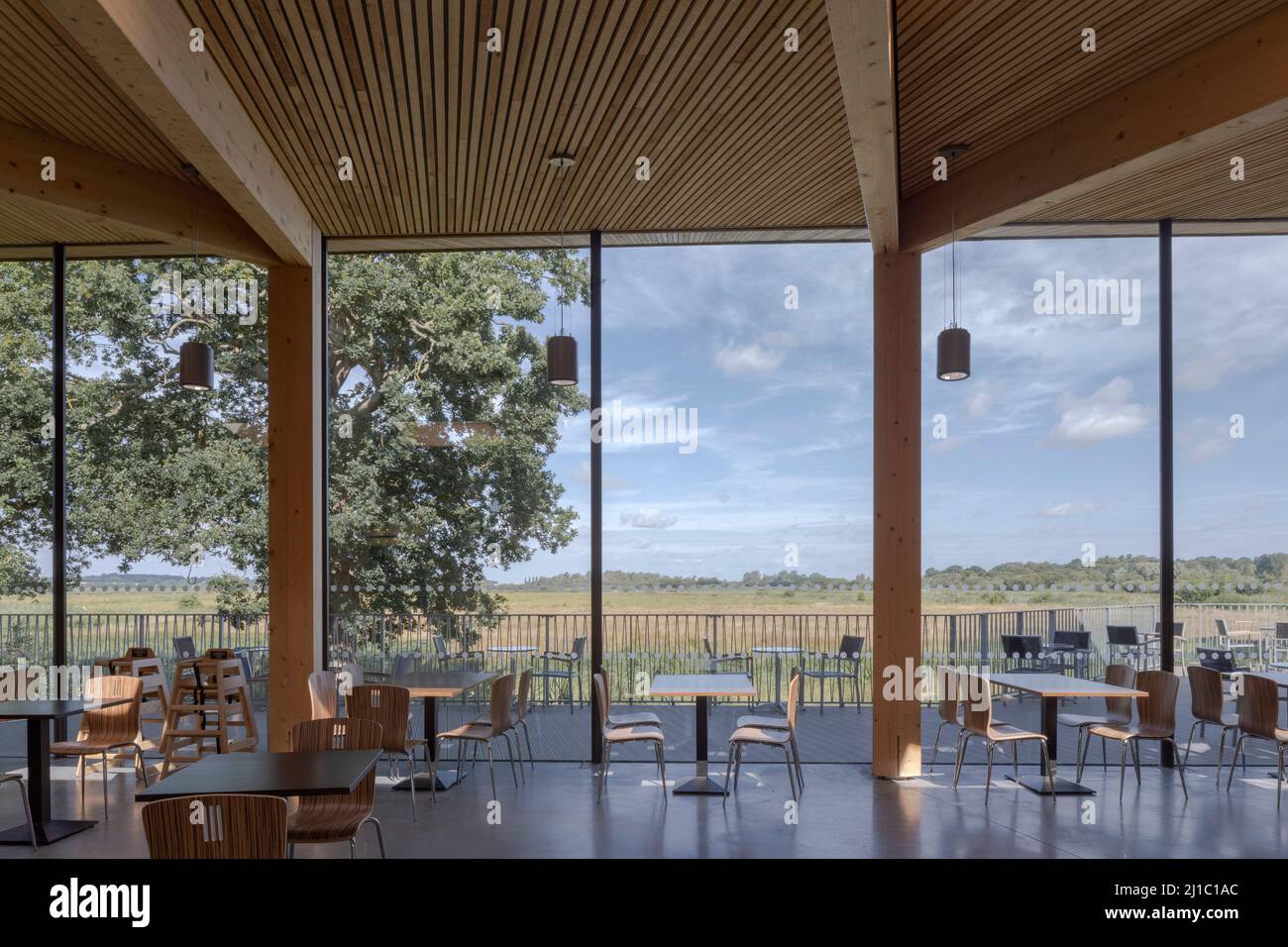 Café with view to marsh. Carlton Marshes Visitor Centre, Carlton Colville, Lowestoft, United Kingdom. Architect: Cowper Griffith Architects, 2021. Stock Photo
