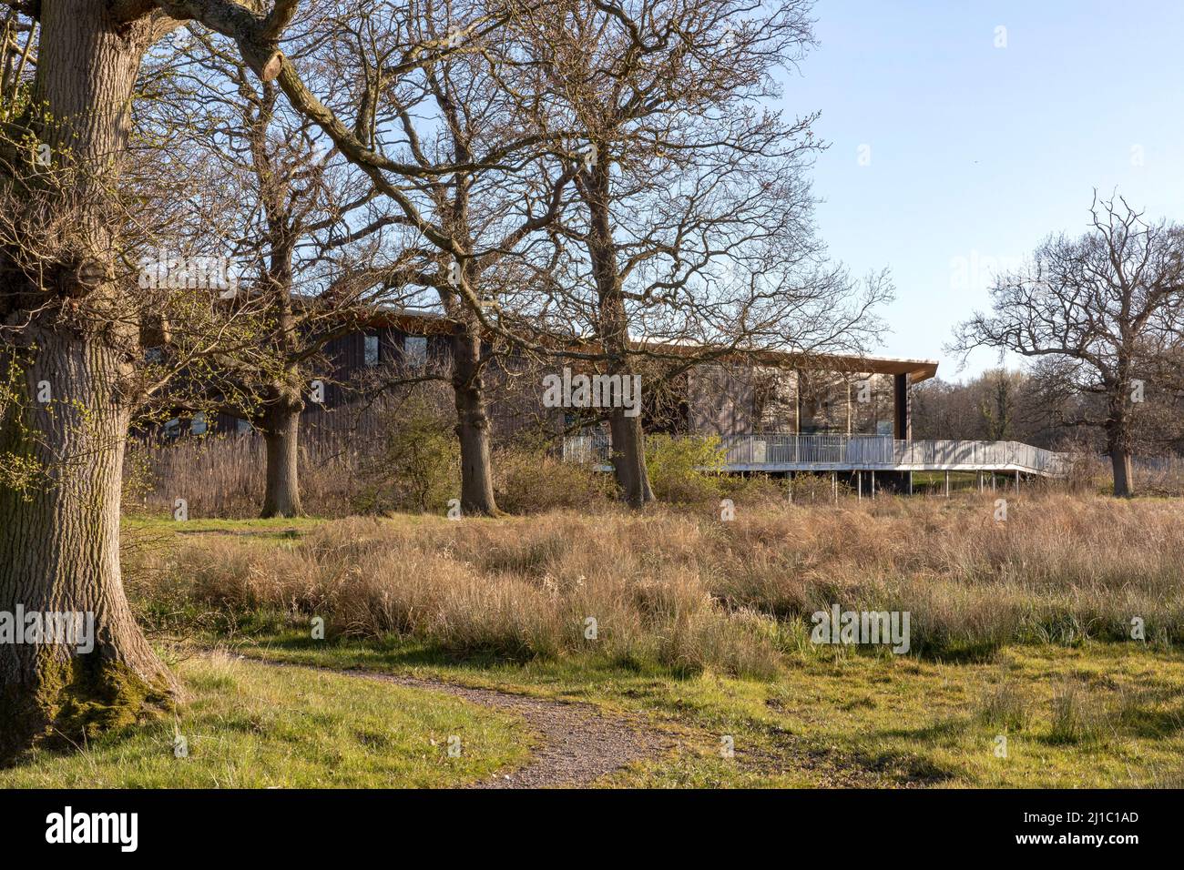 View from trail path. Carlton Marshes Visitor Centre, Carlton Colville, Lowestoft, United Kingdom. Architect: Cowper Griffith Architects, 2021. Stock Photo