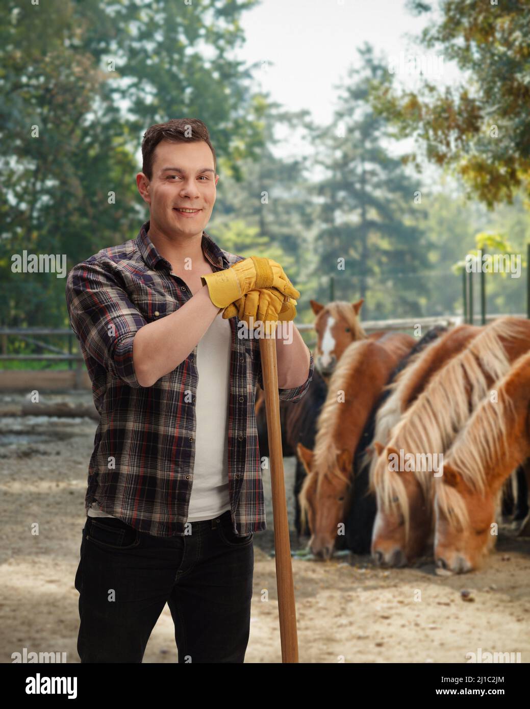 Stud farm worker posing with horses in the back Stock Photo