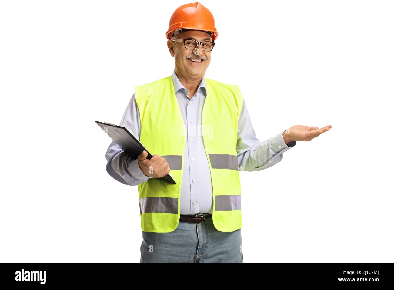 Engineer Adult Mature male engineer with a safety vest holding something imaginary ...