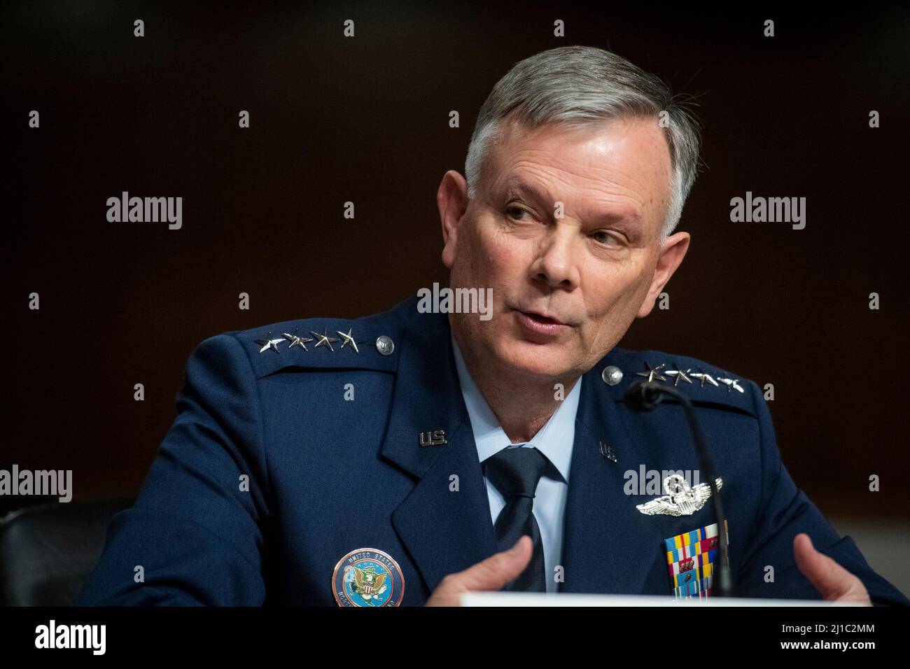 Washington, Vereinigte Staaten. 24th Mar, 2022. General Glen VanHerck, Commander, United States Northern Command and North American Aerospace Defense Command appears before a hearing to examine the posture of United States Northern Command and United States Southern Command, in the Dirksen Senate Office Building in Washington, DC, Thursday, March 24, 2022. Credit: Rod Lamkey/CNP/dpa/Alamy Live News Stock Photo