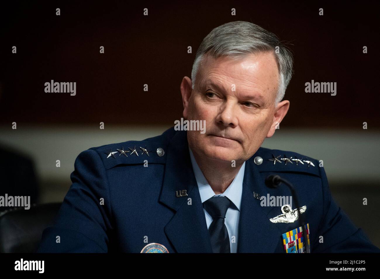 Washington, Vereinigte Staaten. 24th Mar, 2022. General Glen VanHerck, Commander, United States Northern Command and North American Aerospace Defense Command appears before a hearing to examine the posture of United States Northern Command and United States Southern Command, in the Dirksen Senate Office Building in Washington, DC, Thursday, March 24, 2022. Credit: Rod Lamkey/CNP/dpa/Alamy Live News Stock Photo