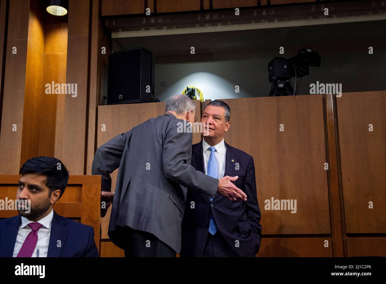 United States Senator Chuck Grassley (Republican of Iowa), Ranking Member, US Senate Committee on the Judiciary, left, talks with United States Senator Alex Padilla (Democrat of California), right, on the fourth day of Judge Ketanji Brown Jacksonâs Senate nomination hearings to be an Associate Justice of the Supreme Court of the United States, in the Hart Senate Office Building in Washington, DC, Thursday, March 24, 2022. Credit: Rod Lamkey/CNP Stock Photo