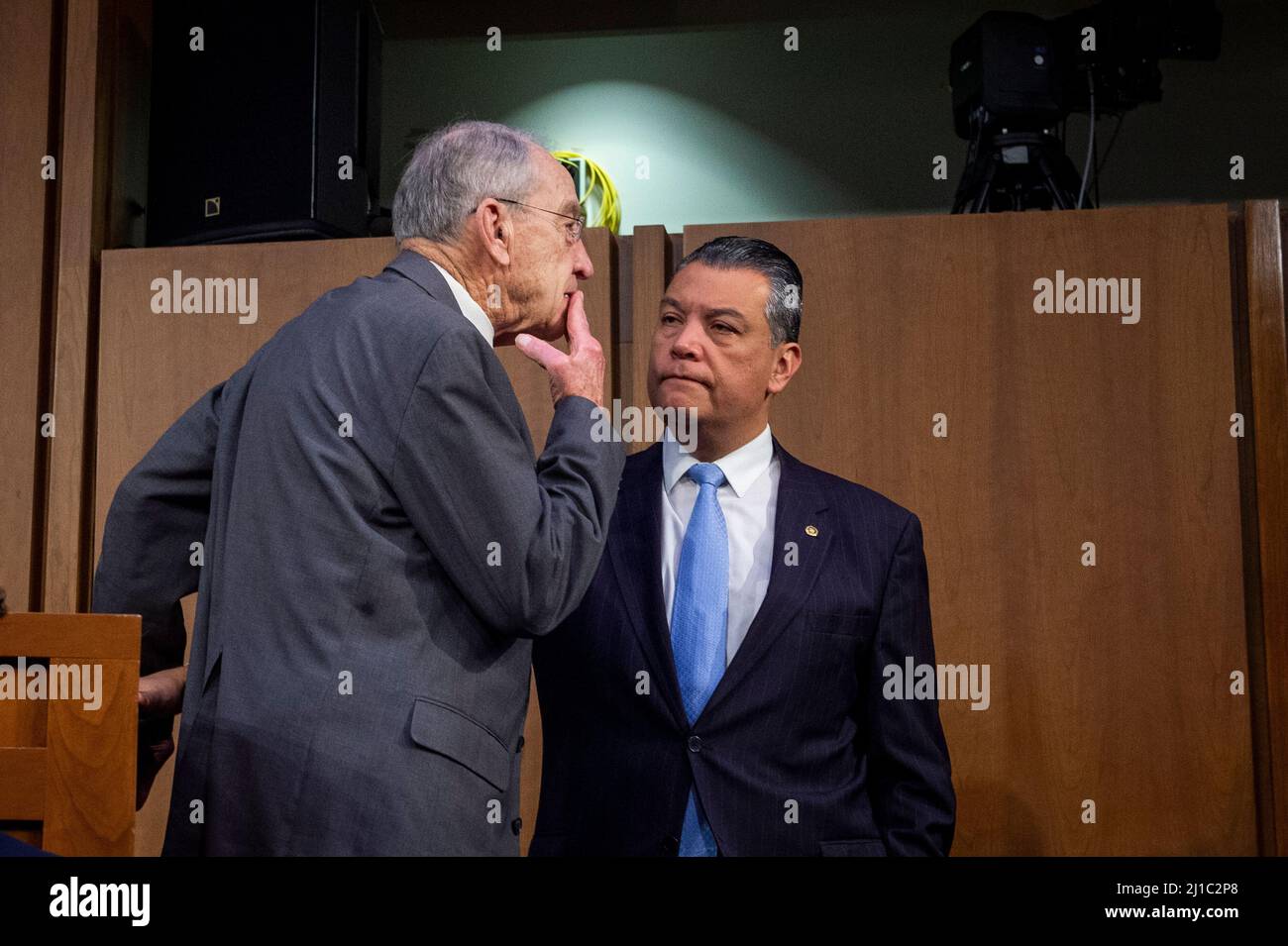 United States Senator Chuck Grassley (Republican of Iowa), Ranking Member, US Senate Committee on the Judiciary, left, talks with United States Senator Alex Padilla (Democrat of California), right, on the fourth day of Judge Ketanji Brown Jacksonâs Senate nomination hearings to be an Associate Justice of the Supreme Court of the United States, in the Hart Senate Office Building in Washington, DC, Thursday, March 24, 2022. Credit: Rod Lamkey/CNP Stock Photo