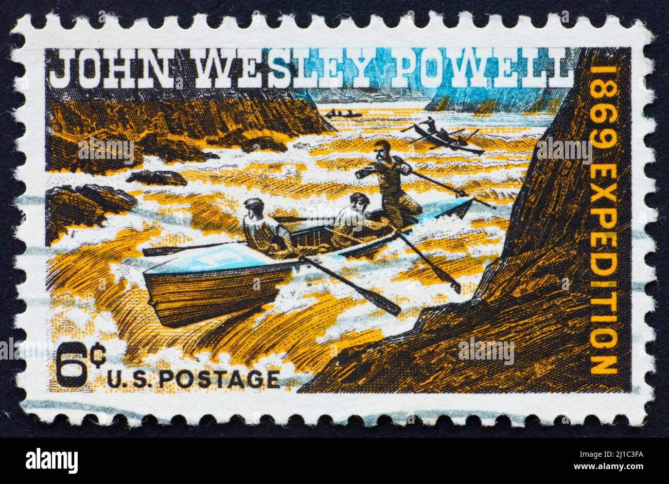 UNITED STATES OF AMERICA - CIRCA 1969: a stamp printed in the United States of America shows John Wesley Powell Exploring Colorado River, circa 1969 Stock Photo