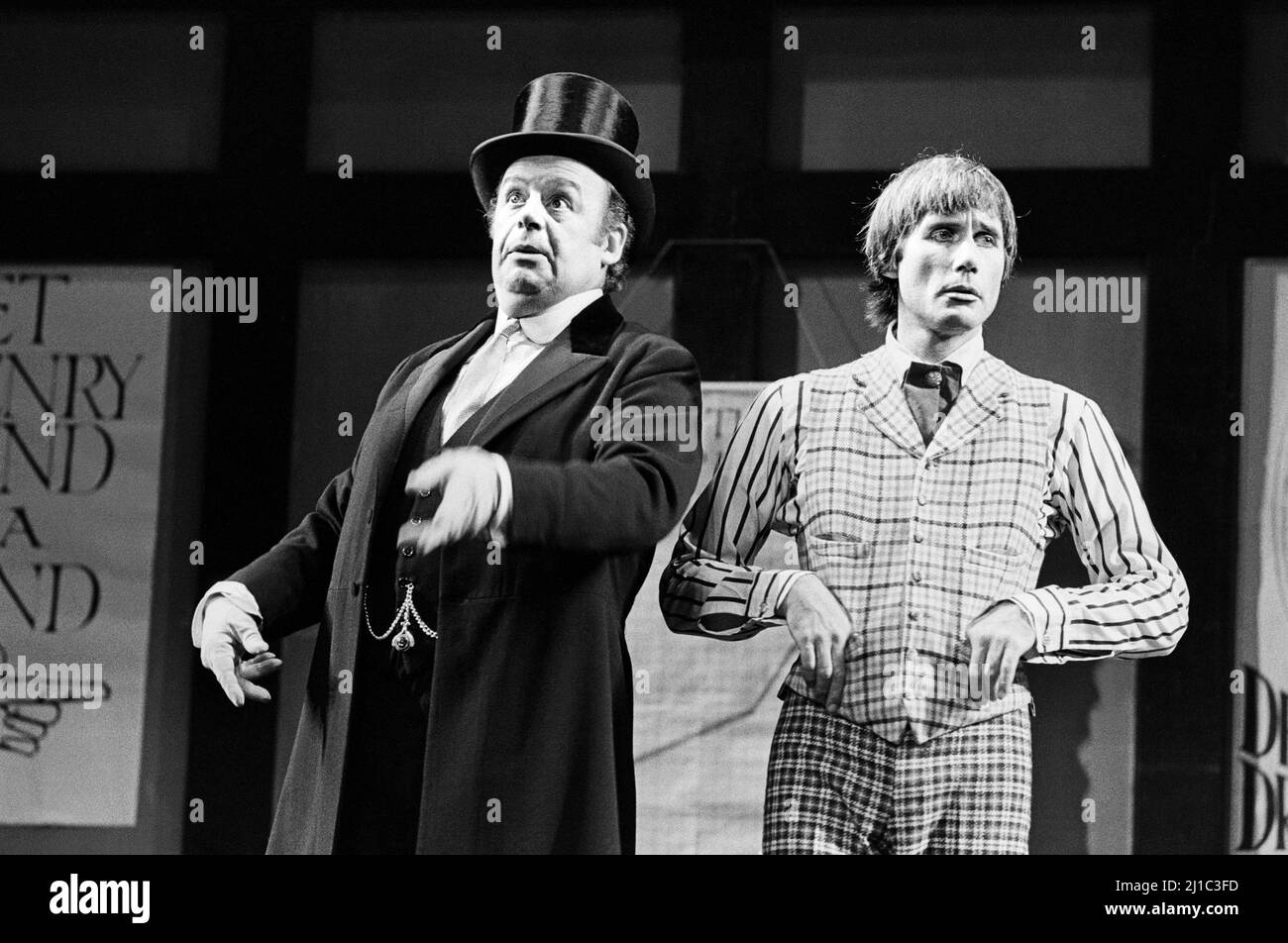 l-r: John Savident (Mr Duncalf), Jim Dale (Denry Machin) in THE CARD at the Queen’s Theatre, London W1  24/07/1973  music & lyrics: Tony Hatch & Jackie Trent  book: Keith Waterhouse & Willis Hall  after the novel by Arnold Bennett  design: Malcolm Pride  musical staging & choreography: Gillian Lynne  director: Val May Stock Photo