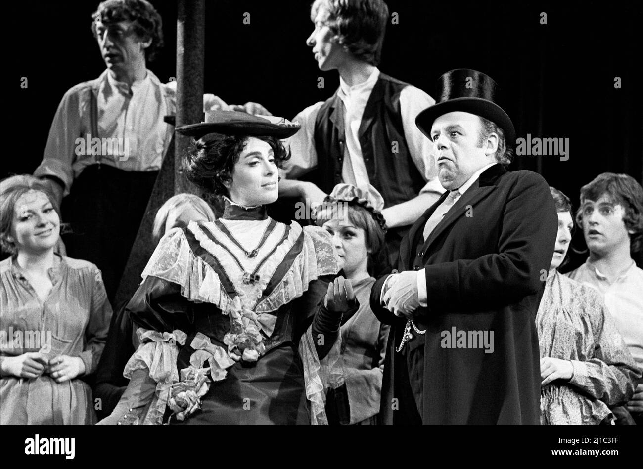 Eleanor Bron (Countess of Chell), John Savident (Mr Duncalf) in THE CARD at the Queen’s Theatre, London W1  24/07/1973  music & lyrics: Tony Hatch & Jackie Trent  book: Keith Waterhouse & Willis Hall  after the novel by Arnold Bennett  design: Malcolm Pride  musical staging & choreography: Gillian Lynne  director: Val May Stock Photo