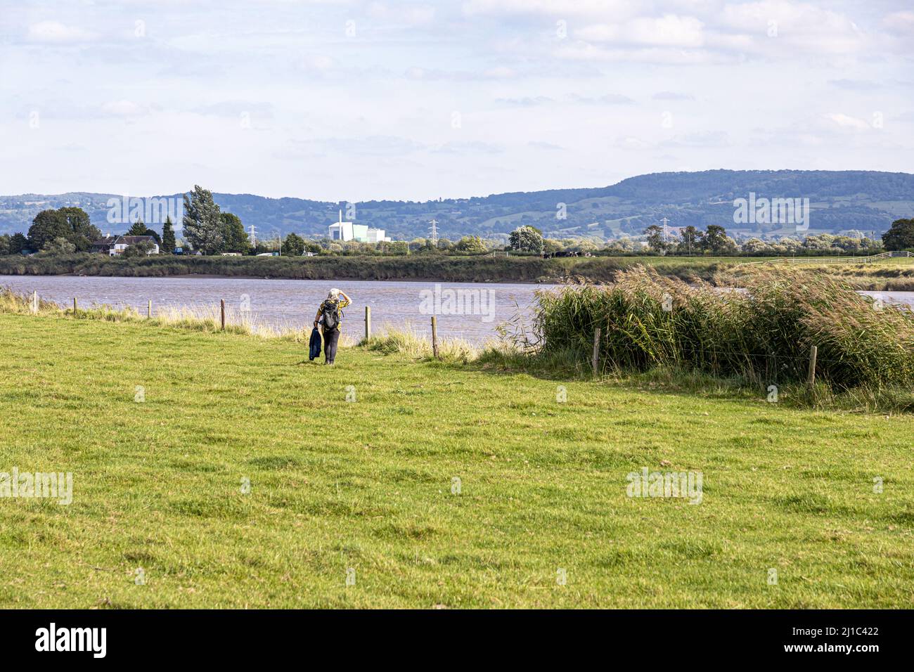 A walker beside the River Severn taking in the view of the Javelin Park Energy from Waste Facility in the Severn Vale from Rodley, Gloucestershire, En Stock Photo