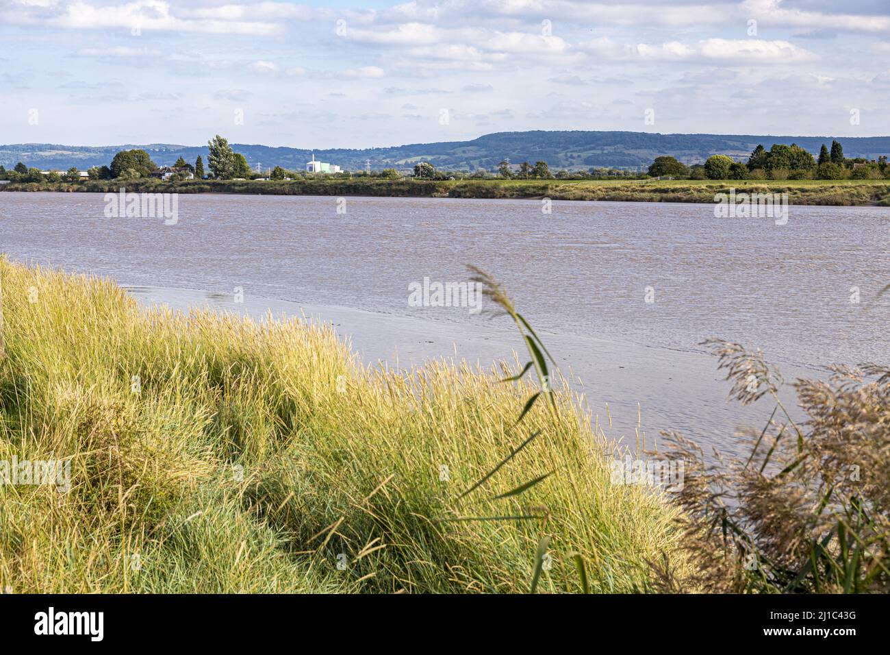 Looking across the River Severn taking in the view of the Javelin Park Energy from Waste Facility in the Severn Vale from Rodley, Gloucestershire, Eng Stock Photo
