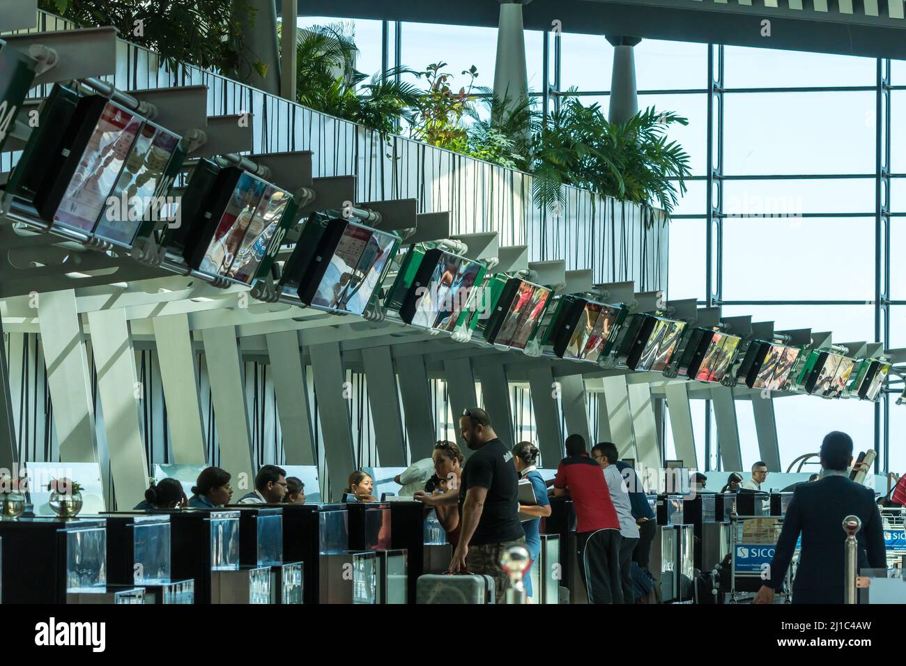 people or passengers at check in counters or desks at Mauritius airport departure terminal building Stock Photo