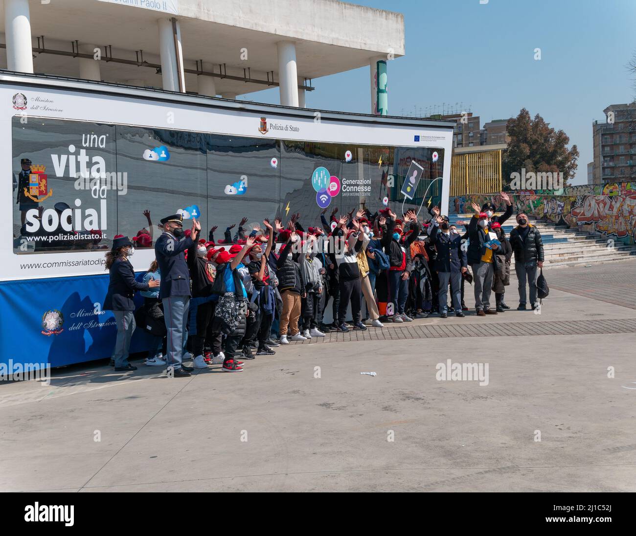 Naples - Italy - March 24, 2022: Social initiative of the State Police 'a life as a social' for teaching the use of social media and against cyberbull Stock Photo