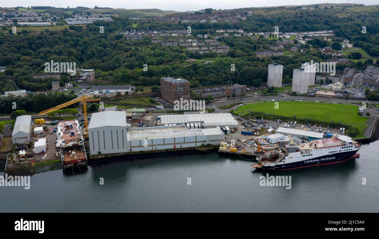 **FILE PICTURE Greenock, Scotland, UK. 6th Sep, 2021. PICTURED: Aerial drone view from above showing the already late and over budget Glen Sannox ferry - Hull 802, which is still under fabrication in Ferguson Marine, is going to be delayed by now a further eight months. The vessel has been marred with numerous setbacks and controversy. A new expected date to deliver the Glen Sannox is scheduled for around May 2023. The Scottish Government voted down a public enquiry into the ferry fiasco. Credit: Colin Fisher/Alamy Live News Stock Photo