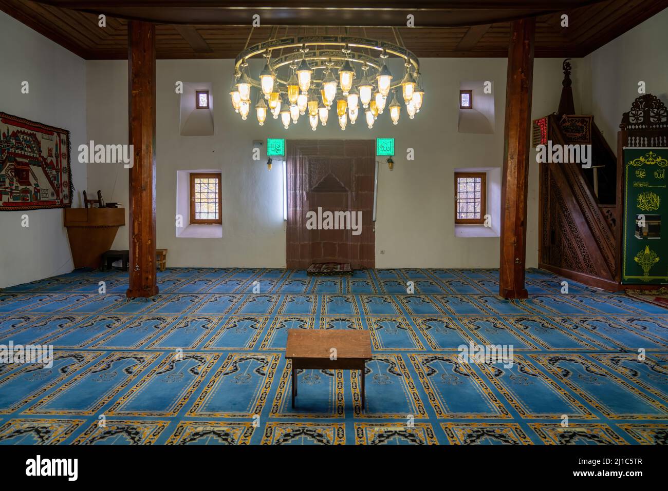 Savsat, Artvin, Turkey - November 2021: Small traditional mosque with blue Turkish carpet in Black Sea Karadeniz region of Turkey Stock Photo