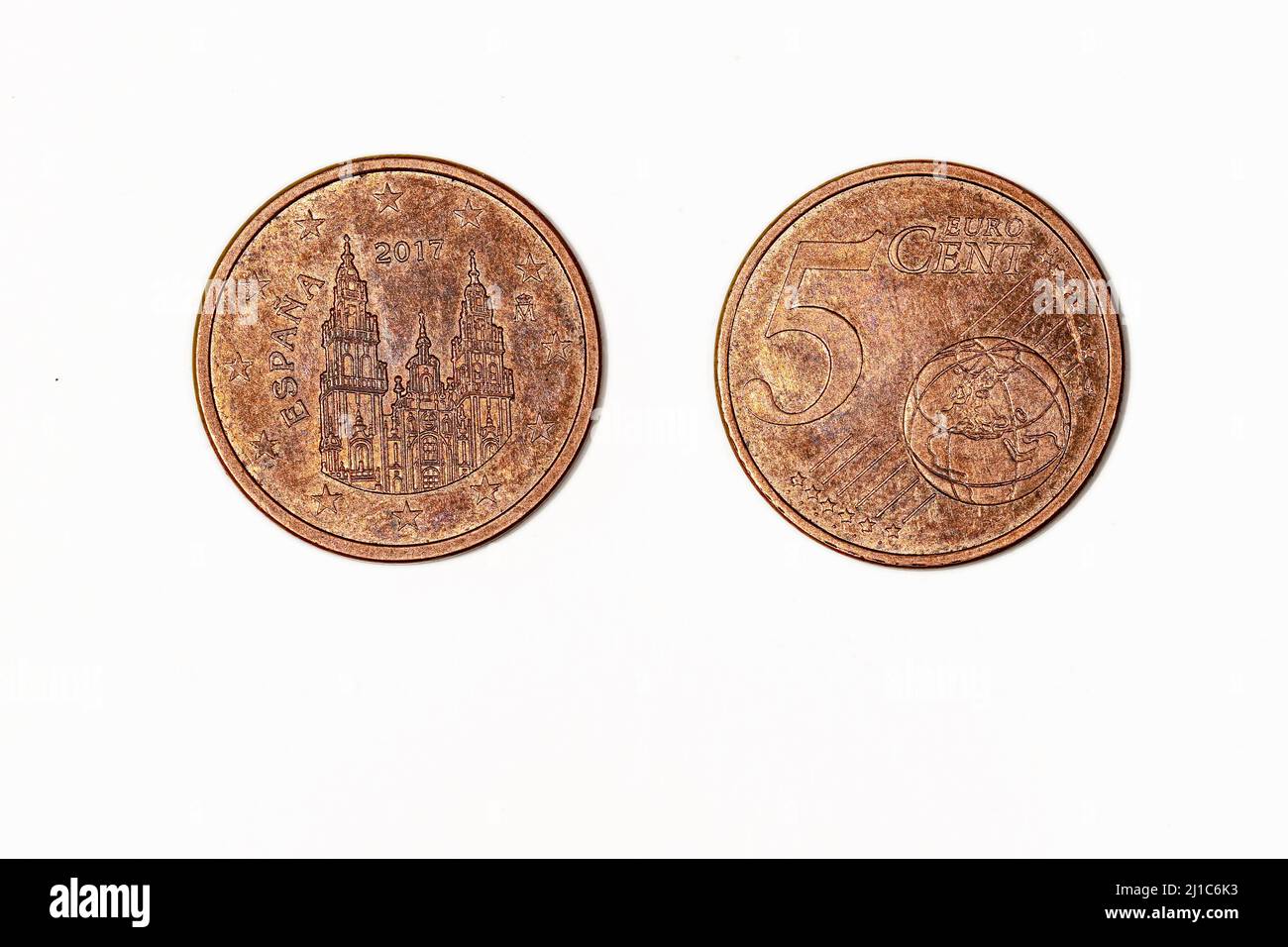 5 euro cent coin on white background, obverse and reverse Stock Photo ...