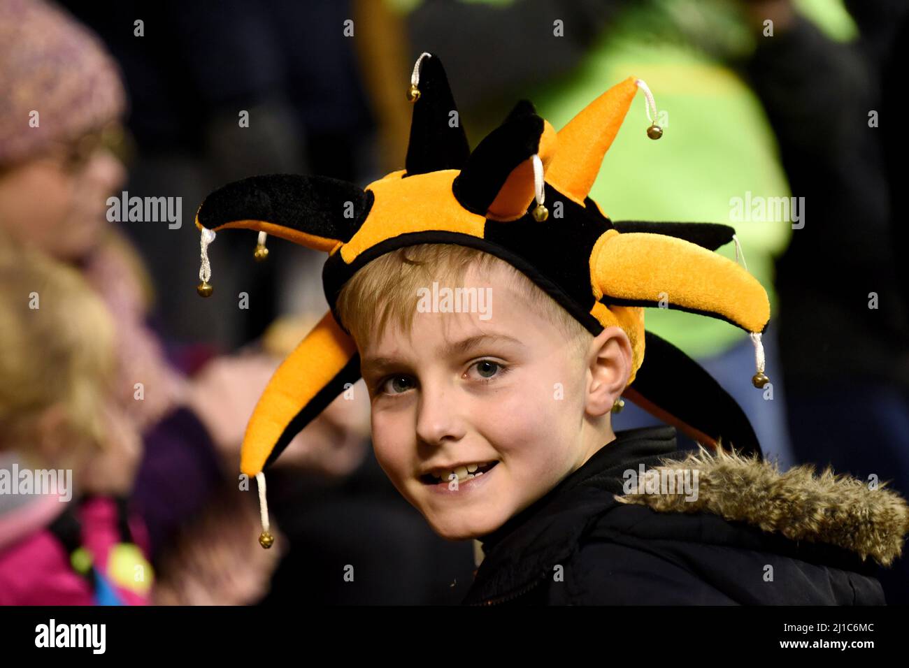 Wolves FC supporter fan wearing hat. Wolverhampton Wanderers v Queens Park Rangers at Molineux 31/12/2016 - Sky Bet Championship Stock Photo