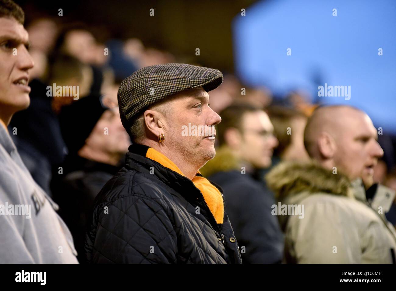 Wolves FC supporter fan wearing cloth cap hat. Wolverhampton Wanderers v Queens Park Rangers at Molineux 31/12/2016 - Sky Bet Championship Stock Photo