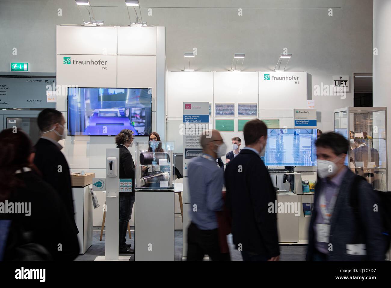 Munich, Germany. 24th Mar, 2022. Fraunhofer ISE stand at the Lopec trade fair on March 24, 2022 in Munich, Germany. The LOPEC is a yearly hold trade fair for organic and printed electrinics. (Photo by Alexander Pohl/Sipa USA) Credit: Sipa USA/Alamy Live News Stock Photo