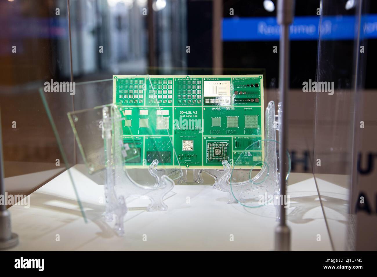 Munich, Germany. 24th Mar, 2022. Semiconductors circuit board of Notion at the Lopec trade fair on March 24, 2022 in Munich, Germany. The LOPEC is a yearly hold trade fair for organic and printed electrinics. (Photo by Alexander Pohl/Sipa USA) Credit: Sipa USA/Alamy Live News Stock Photo