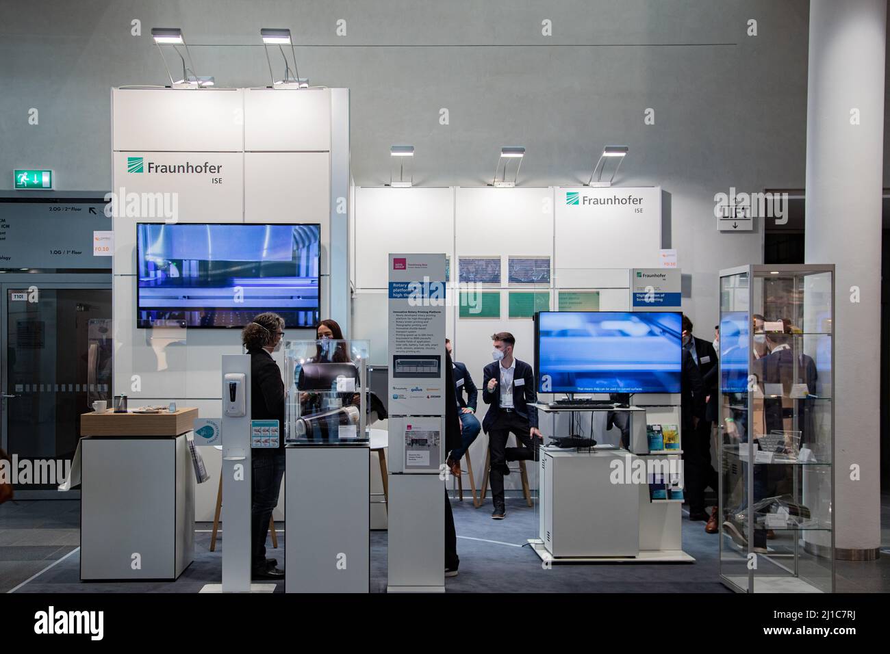Munich, Germany. 24th Mar, 2022. Fraunhofer ISE stand at the Lopec trade fair on March 24, 2022 in Munich, Germany. The LOPEC is a yearly hold trade fair for organic and printed electrinics. (Photo by Alexander Pohl/Sipa USA) Credit: Sipa USA/Alamy Live News Stock Photo
