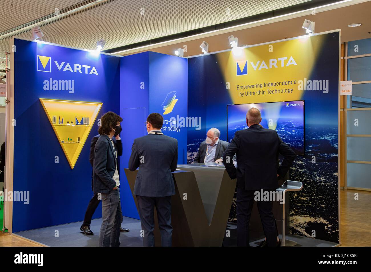 Munich, Germany. 24th Mar, 2022. Varta stand at the Lopec trade fair on March 24, 2022 in Munich, Germany. The LOPEC is a yearly hold trade fair for organic and printed electrinics. (Photo by Alexander Pohl/Sipa USA) Credit: Sipa USA/Alamy Live News Stock Photo