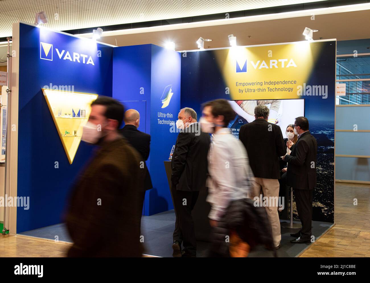 Munich, Germany. 24th Mar, 2022. Varta stand at the Lopec trade fair on March 24, 2022 in Munich, Germany. The LOPEC is a yearly hold trade fair for organic and printed electrinics. (Photo by Alexander Pohl/Sipa USA) Credit: Sipa USA/Alamy Live News Stock Photo
