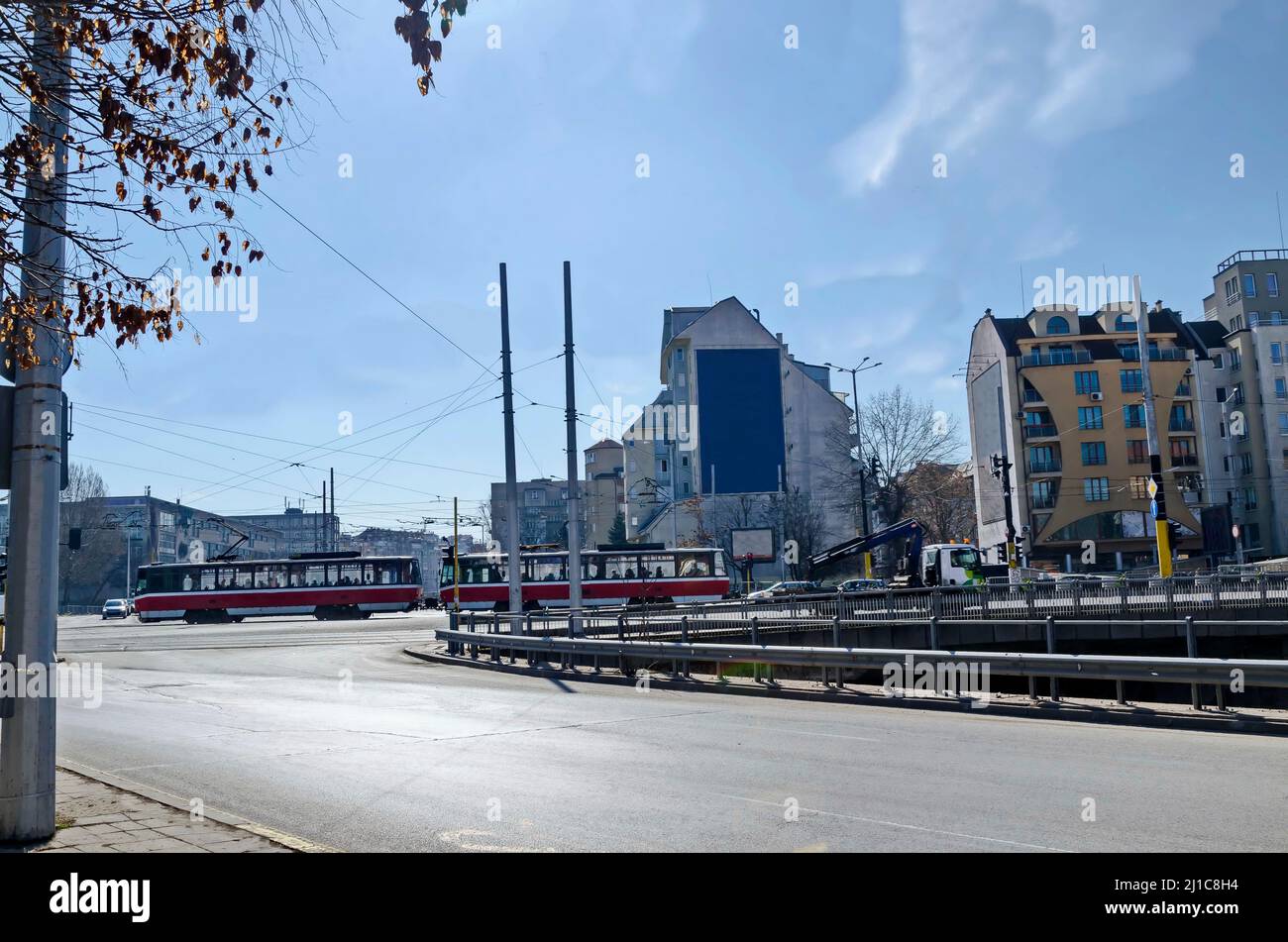 Fragment of urban infrastructure with tram route, subway and street, Sofia, Bulgaria Stock Photo