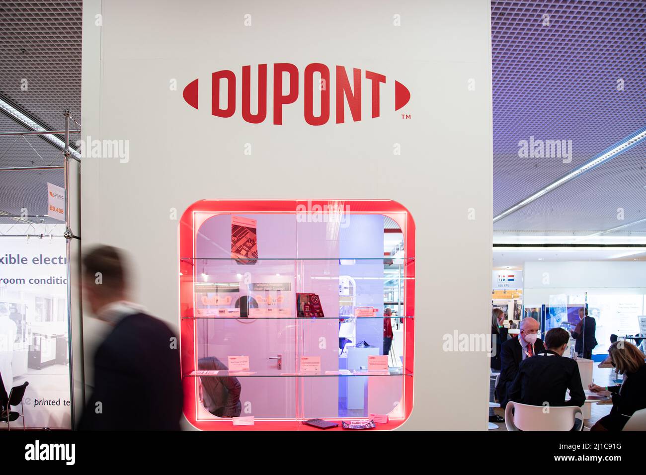 Munich, Germany. 24th Mar, 2022. Dupont stand at the Lopec trade fair on March 24, 2022 in Munich, Germany. The LOPEC is a yearly hold trade fair for organic and printed electrinics. (Photo by Alexander Pohl/Sipa USA) Credit: Sipa USA/Alamy Live News Stock Photo