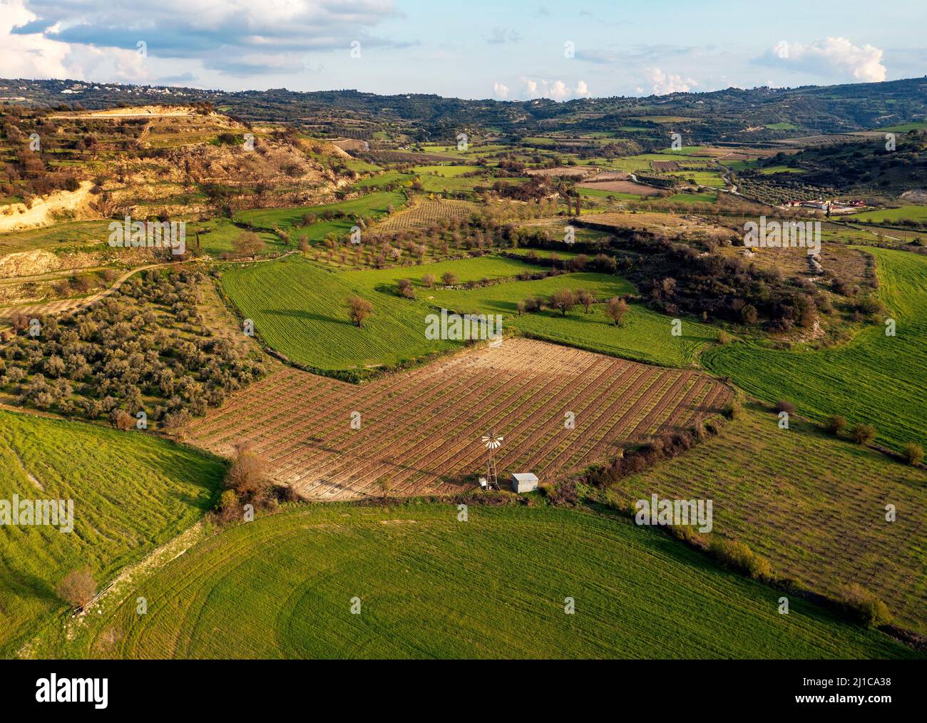 Aerial view showing the typical landscape in the wine growing region of the Ezousa valley, Pafos District, Cyprus Stock Photo