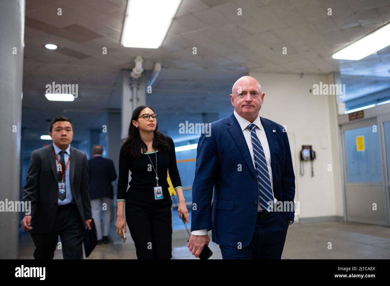 Washington, USA. 24th Mar, 2022. Senator Mark Kelly (D-AZ) walks through the Senate Subway at the U.S. Capitol, in Washington, DC, on Thursday, March 24, 2022. Republicans grilled President Joe Biden's nominee to the Supreme Court Judge Kentanji Brown Jackson during two days of questioning this week, accusing her of being soft on crime and demanding additional information from the White House. (Graeme Sloan/Sipa USA) Credit: Sipa USA/Alamy Live News Stock Photo