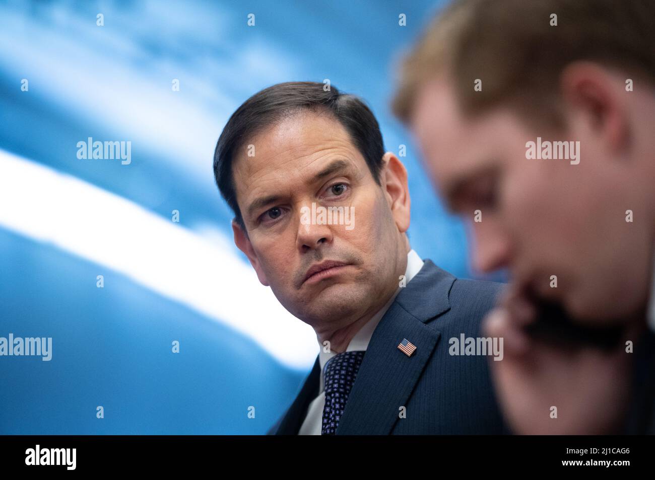 Washington, USA. 24th Mar, 2022. Senator Marco Rubio (R-FL) waits for the Senate Subway at the U.S. Capitol, in Washington, DC, on Thursday, March 24, 2022. Republicans grilled President Joe Biden's nominee to the Supreme Court Judge Kentanji Brown Jackson during two days of questioning this week, accusing her of being soft on crime and demanding additional information from the White House. (Graeme Sloan/Sipa USA) Credit: Sipa USA/Alamy Live News Stock Photo