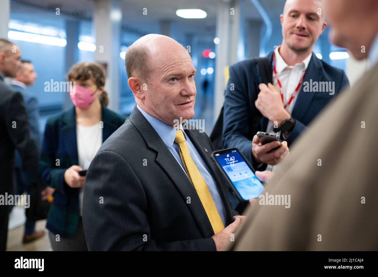 Washington, USA. 24th Mar, 2022. Senator Chris Coons (D-DE) speaks to media in the Senate Subway at the U.S. Capitol, in Washington, DC, on Thursday, March 24, 2022. Republicans grilled President Joe Biden's nominee to the Supreme Court Judge Kentanji Brown Jackson during two days of questioning this week, accusing her of being soft on crime and demanding additional information from the White House. (Graeme Sloan/Sipa USA) Credit: Sipa USA/Alamy Live News Stock Photo