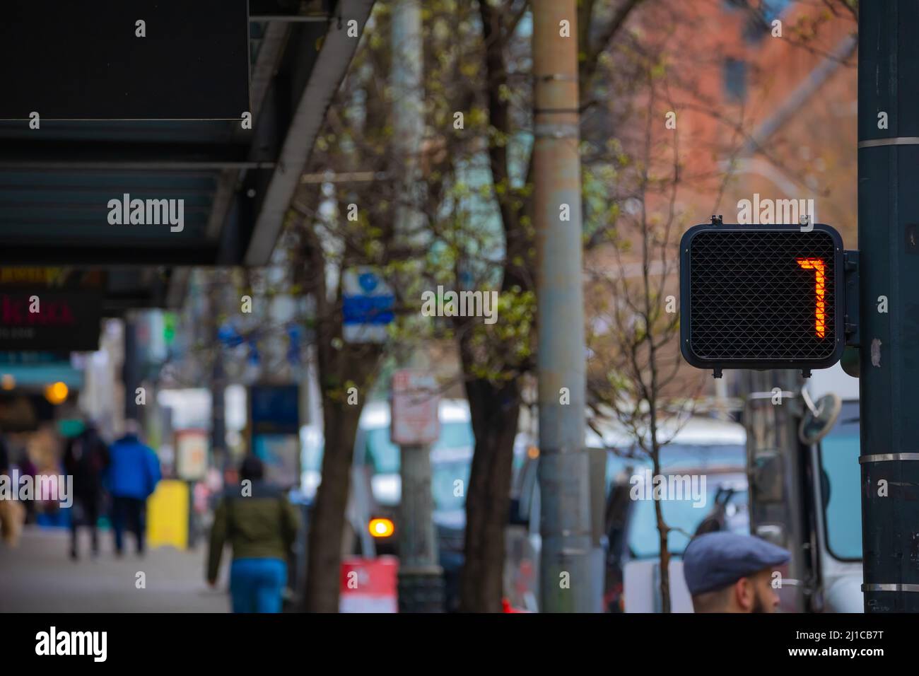 Seven seconds left on cross walk cowntdown timer in the city of Seattle. Stock Photo