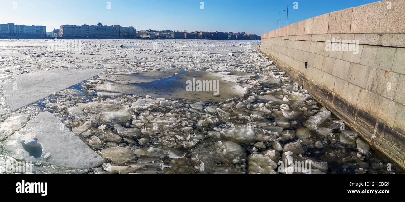 Spring ice drift on the Neva River in St. Petersburg. Stock Photo