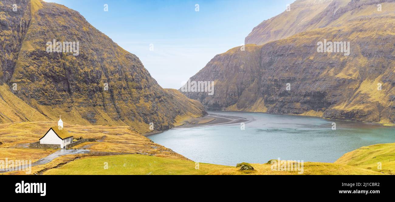 Saksun, Faroe Islands; March 20, 2022 - Saksun is a remote little village on Streymoy island in the Faroe Islands. The village is famous for its uniqu Stock Photo