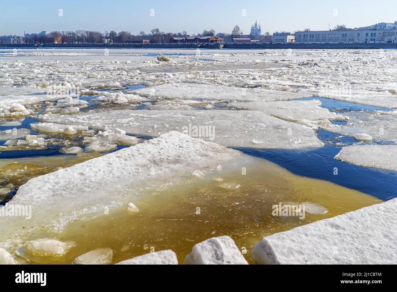 Spring ice drift on the Neva River in St. Petersburg. Stock Photo