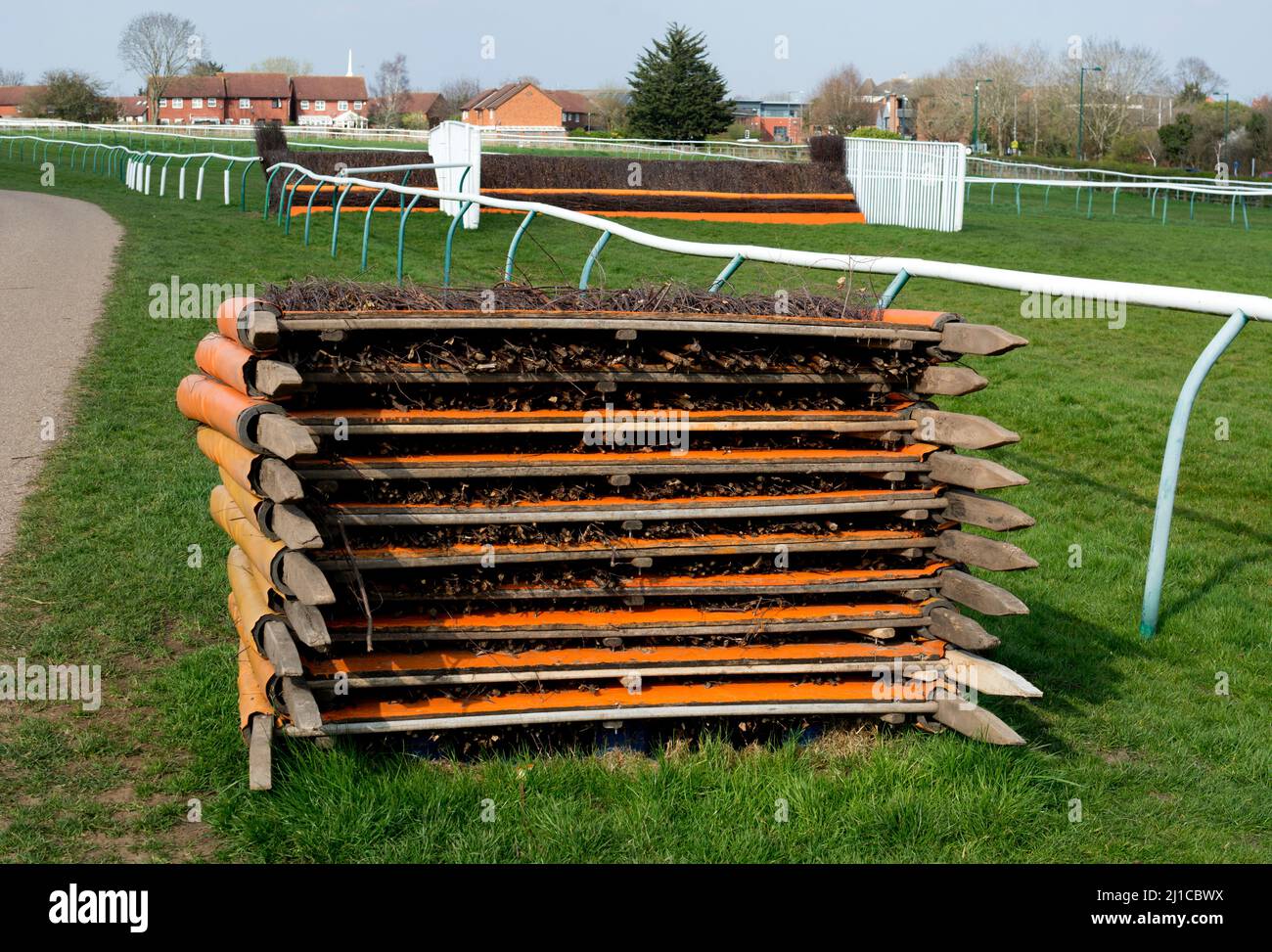 A stack of hurdles at Warwick Racecourse, Warwickshire, UK Stock Photo