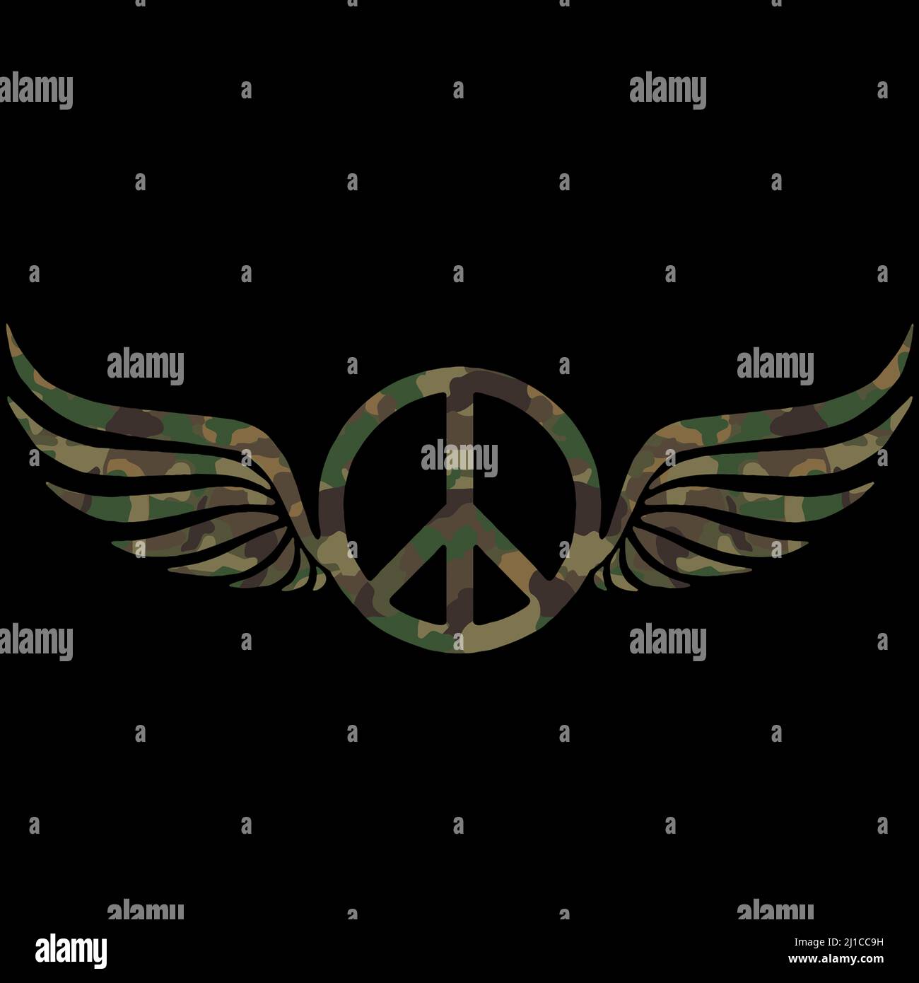 Royalty free camouflage pattern of different natural colors form a peace sign. Wings symbolize a peace dove. They carry the peace sign against black b Stock Photo