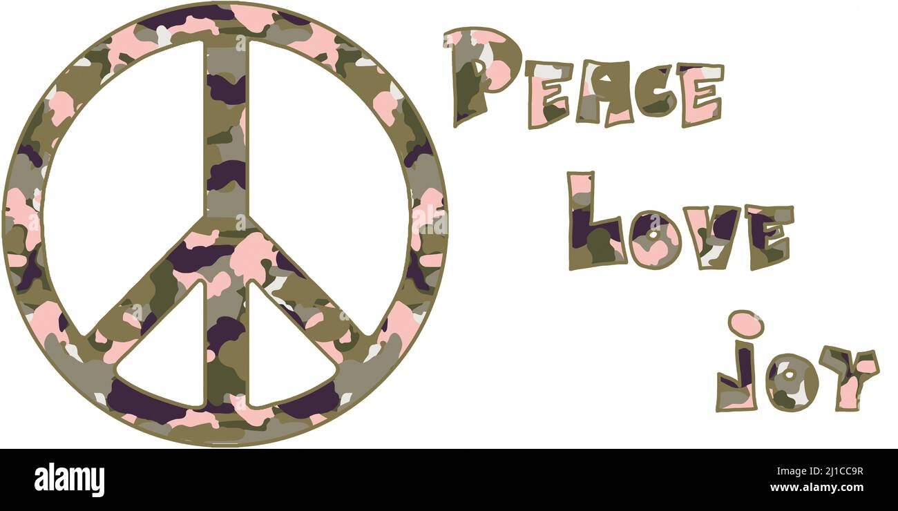Royalty free camouflage pattern of different natural colors form a peace sign. English text means: peace, love, joy. Texts are filled with the camoufl Stock Photo